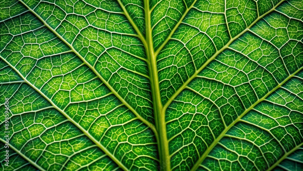 Fototapeta premium Vibrant green leaf showcases intricate veins and textures on a subtle, organic background, providing ample copy space for nature-inspired designs and compositions.