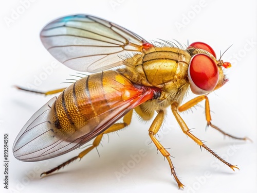 Macro photograph of a solitary fruit fly, Drosophila melanogaster, perched on a pristine white surface, showcasing intricate details of its body and wings.