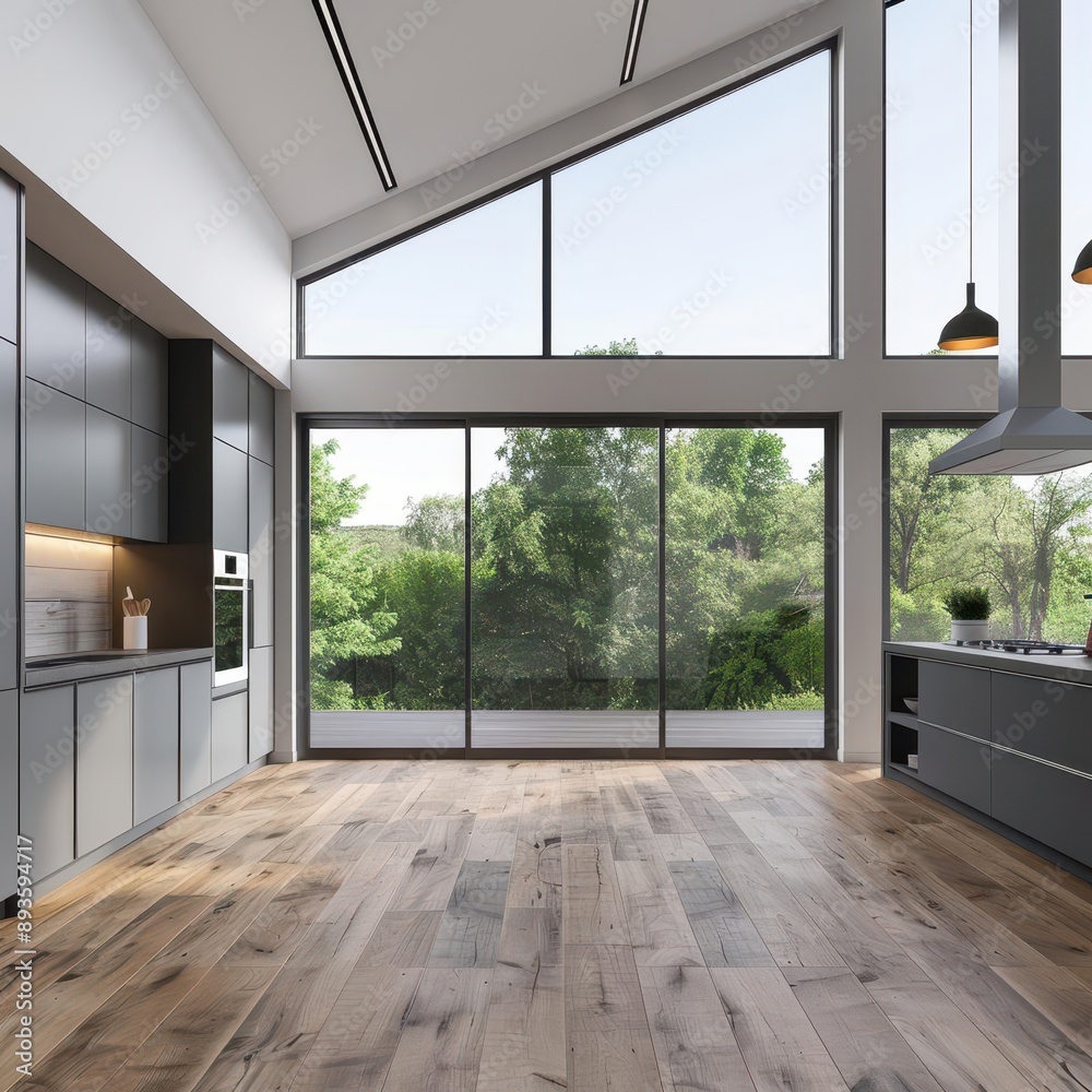 Fototapeta premium Spacious modern kitchen with large windows, natural light, and a view of lush greenery. Sleek design and open layout.