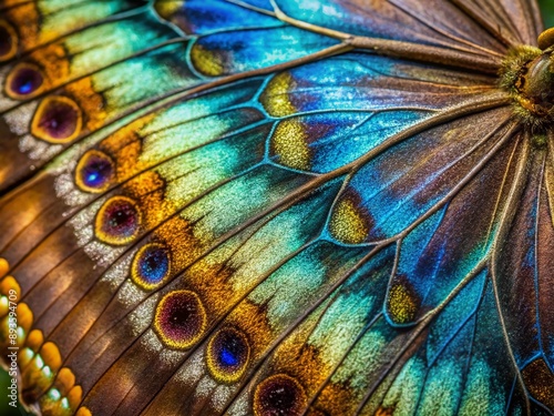 Vibrant macro shot of a delicate butterfly's intricately patterned wing, showcasing iridescent blues, greens, and browns with delicate scales and veins. photo