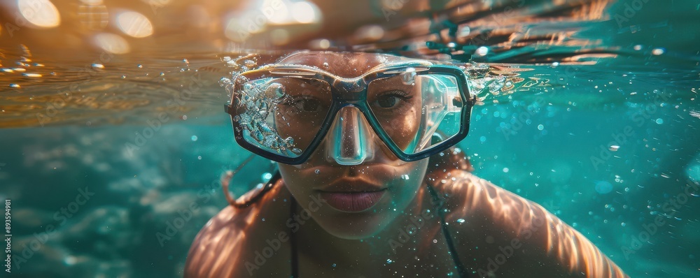 Naklejka premium Close up of woman snorkeling in clear blue water with sunlight reflections. Free copy space for banner.