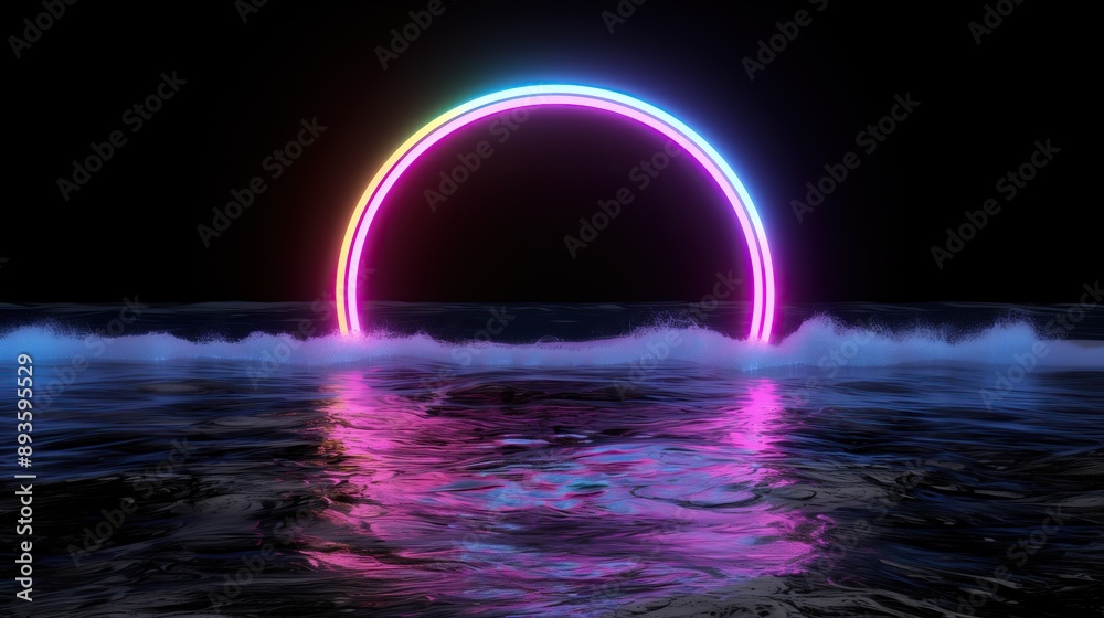 abstract neon light arc reflection on water surface at night abstract neon light arc reflection on water surface at night