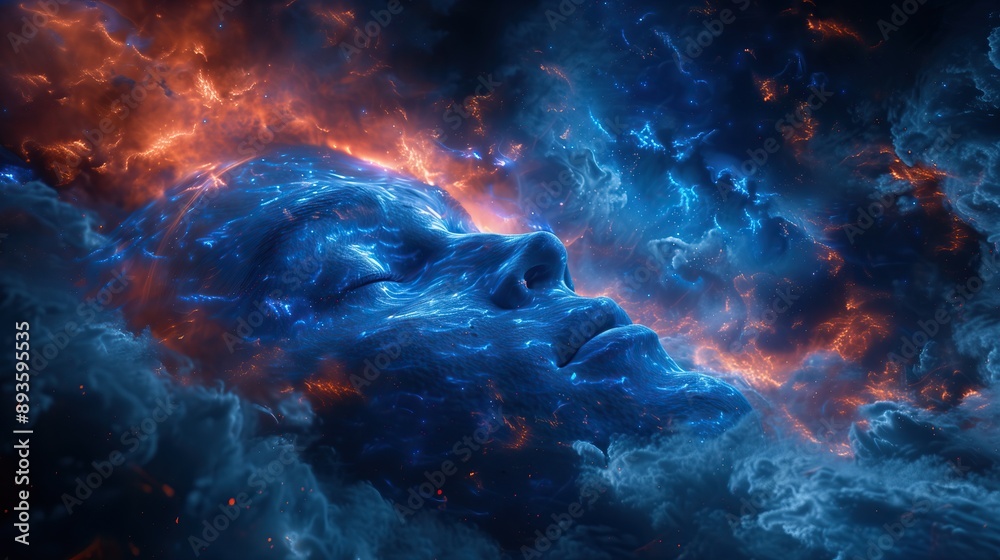 abstract human face emerging from cosmic space galaxy clouds in blue orange hues dreamy surreal background wallpaper abstract human face emerging from cosmic space galaxy clouds in blue orange hues dreamy surreal background wallpaper