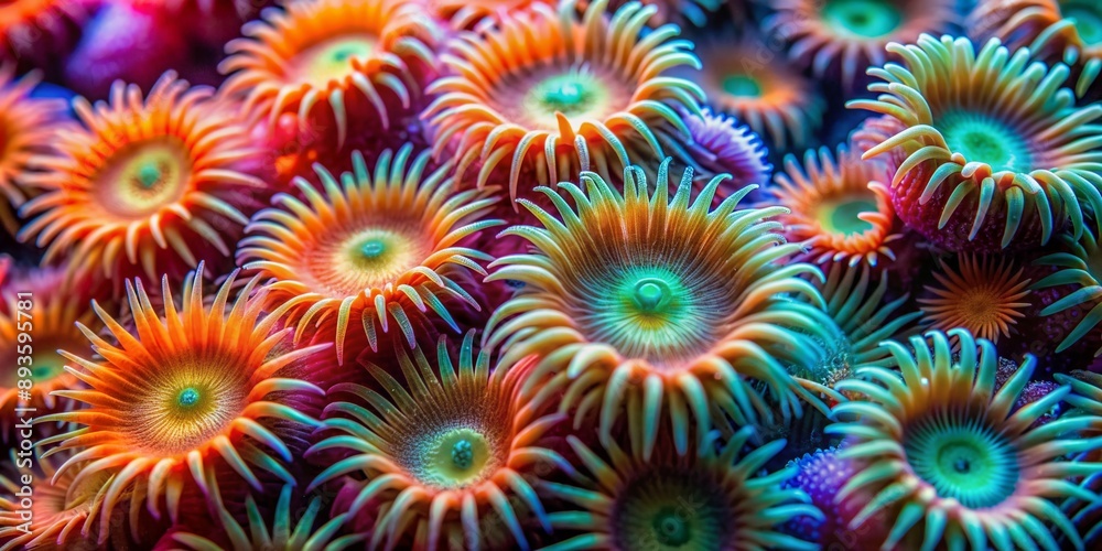 Vibrant coral polyps and sea anemones sway gently in the current, their intricate textures and colors revealed in stunning high-resolution detail in this extreme close-up. Vibrant coral polyps and sea anemones sway gently in the current, their intricate textures and colors revealed in stunning high-resolution detail in this extreme close-up.