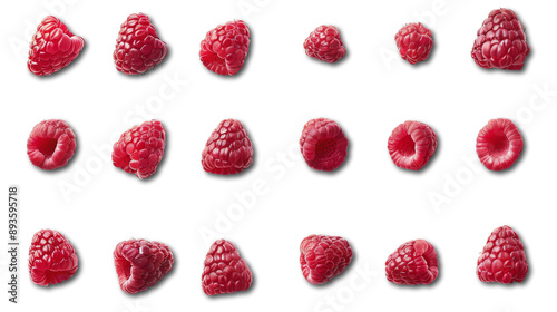 Set of raspberries isloated on white. Raspberry from different angles.