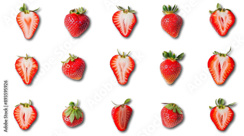 set of strawberries isolated on white. Strawberry whole and cut in half