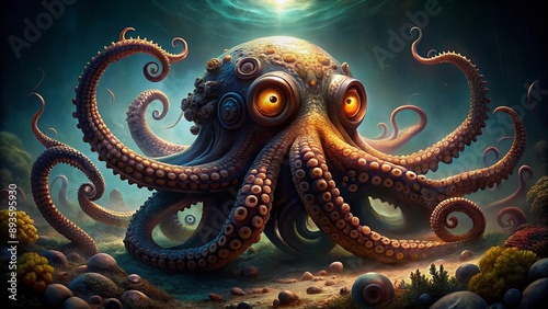 A colossal octopus spreads its tentacles on the dark ocean floor, its giant bulbous body and unblinking eyes exuding ancient, intelligent, and mysterious underwater power. photo