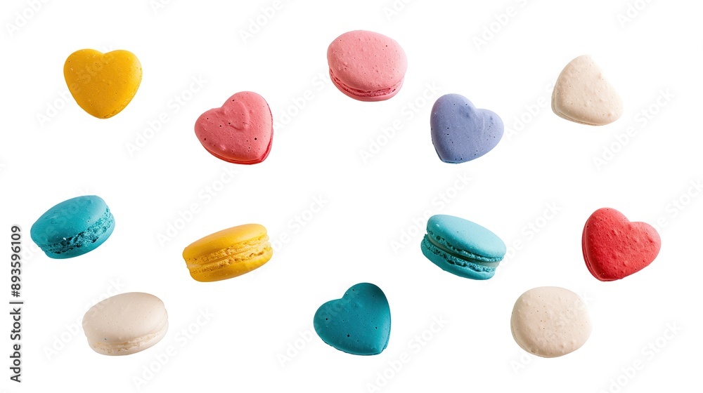 colorful heart shaped round macarons floating mid air isolated on white background colorful heart shaped round macarons floating mid air isolated on white background