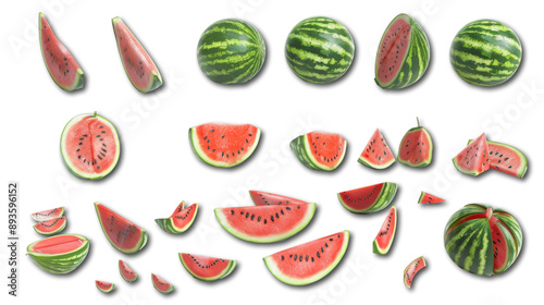 collection of watermelon isolated on white. Watermelon whole, sliced and cut in half.