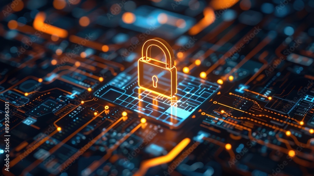 Digital security concept with glowing lock icon on a futuristic circuit board, symbolizing data protection and cybersecurity. Digital security concept with glowing lock icon on a futuristic circuit board, symbolizing data protection and cybersecurity.