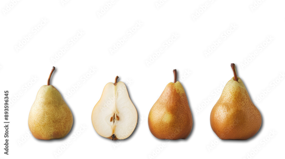 Detailed view of a pear. Set of four pears isolated on white. Three whole pears and one cut in half. Detailed view of a pear. Set of four pears isolated on white. Three whole pears and one cut in half.