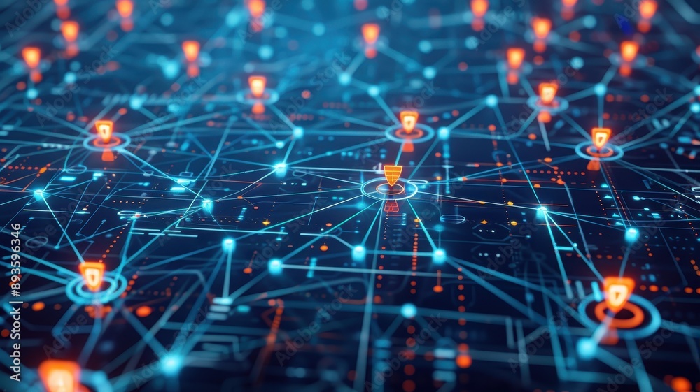 Futuristic digital network with interconnected nodes and glowing points, representing data communication and cybersecurity concepts. Futuristic digital network with interconnected nodes and glowing points, representing data communication and cybersecurity concepts.