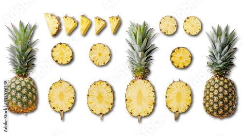 Set of pineapple isolated on white. Pineapples whole, sliced and cut in half.