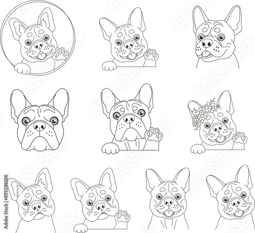 French bulldog bundle vector dog portraits stickers black and white outline