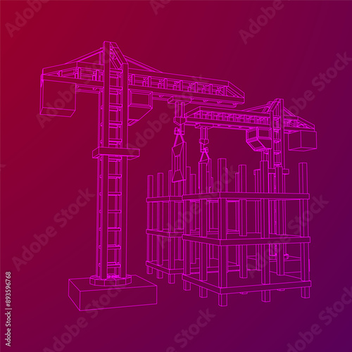 Construction crane tower. Building under construction industrial concept. Wireframe low poly mesh vector illustration.