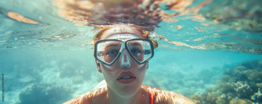 Naklejka premium Woman snorkeling in clear blue water with sunlight reflections.