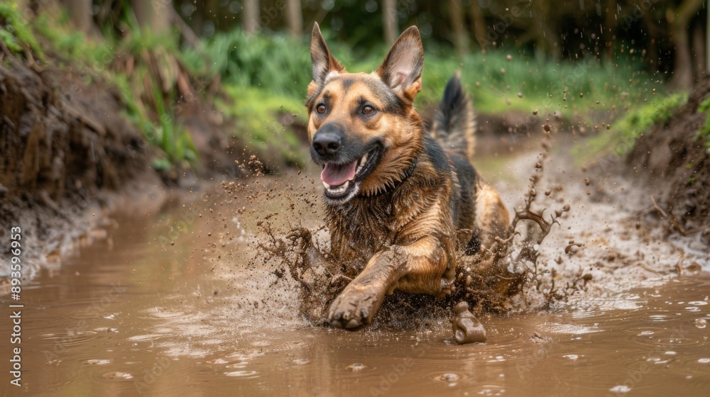 A happy dog splashing in a muddy puddle, with muddy paws and a big grin on its face. A happy dog splashing in a muddy puddle, with muddy paws and a big grin on its face.