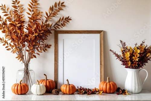 Mockup frame interior with autumn style. Frame mockup ideas with copy space