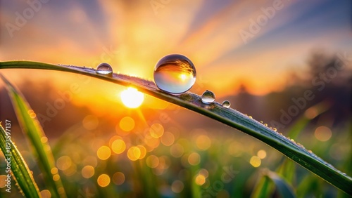 Delicate dewdrop suspended on a lone blade of grass, mirroring soft hues of warm sunrise, surrounded by gentle morning mist and lush greenery. photo