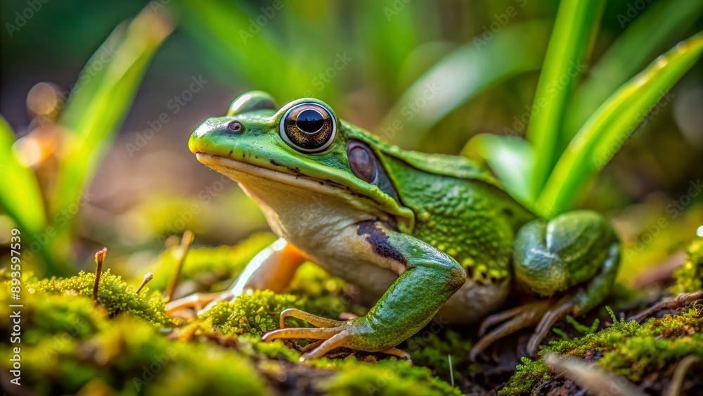 Vibrant green frog sits calmly on moist earth, its tiny feet splayed, eyes closed, surrounded by lush greenery and delicate blades of grass in natural habitat. Vibrant green frog sits calmly on moist earth, its tiny feet splayed, eyes closed, surrounded by lush greenery and delicate blades of grass in natural habitat.