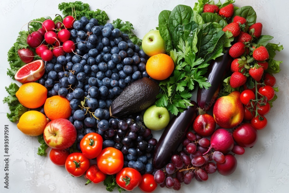 A heart-shaped artistic arrangement of a variety of fresh fruits and vegetables, including apples, oranges, blueberries, and tomatoes, symbolizing health and love for nutrition. A heart-shaped artistic arrangement of a variety of fresh fruits and vegetables, including apples, oranges, blueberries, and tomatoes, symbolizing health and love for nutrition.