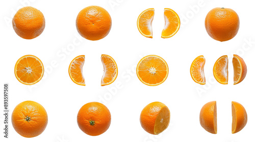Set of oranges isolated on white. Orange whole, sliced and cut in half. Segments of an orange