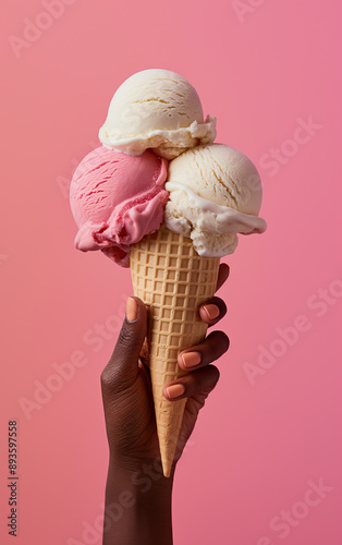 Ice cream, summer concept. Hand holding Ice cream with waffle cone, scoops on bright vibrant color pastel solid background. Summer creative layout, ice cream minimal fashion idea. Realistic photo