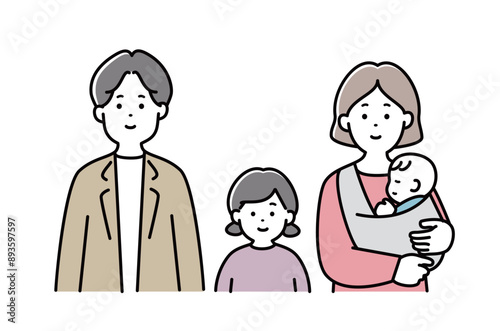 家族イラスト　表情　4人家族　子供　日本人　若い	赤ちゃん　おしゃれ　シンプル　かわいい