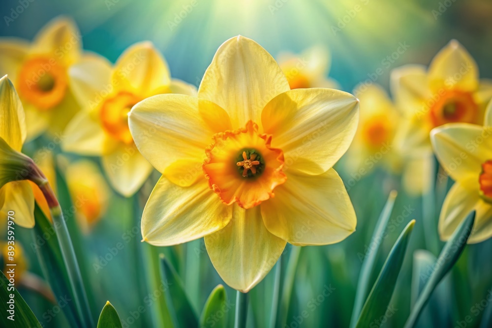 Vibrant yellow daffodil blooms against a soft green background, showcasing delicate trumpet-shaped petals and intricate details of the flower's center and stamens. Vibrant yellow daffodil blooms against a soft green background, showcasing delicate trumpet-shaped petals and intricate details of the flower's center and stamens.