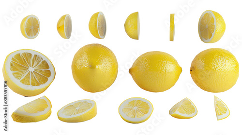 Set of lemons isolated on white. Whole lemon, slices and cut in half.
