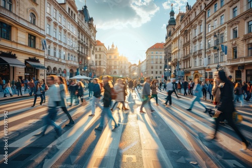 A wide angle photo of people crossing the street in Prague on a bright sunny day showcasing busy pedestrian traffic on Prague's streets, focusing on individual figures and their movement Generative AI