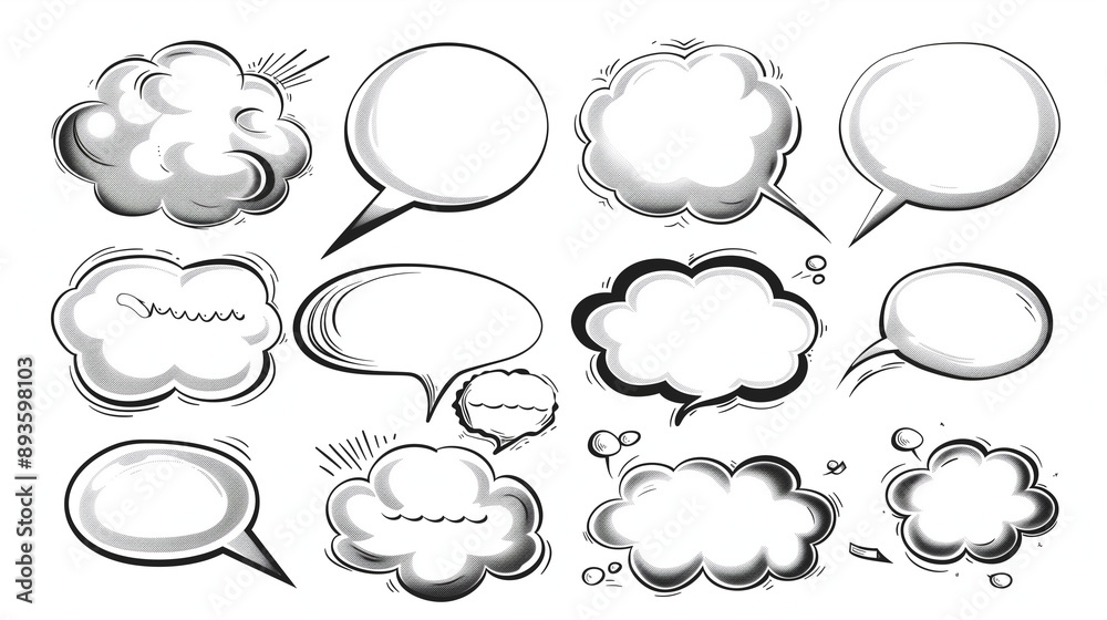 Fototapeta premium Vector speech bubble illustrations. Set of outlined chat bubbles with cartoon text frames, isolated on white. PNG.