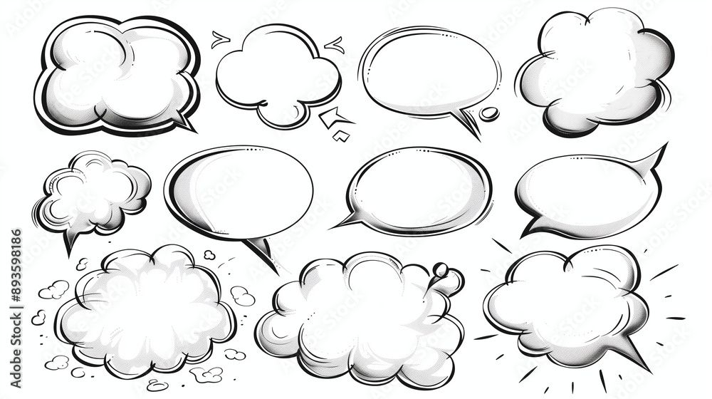 Vector set of outlined speech bubbles. Cartoon-style chat frames, ideal for various designs. Isolated on white, PNG format. Vector set of outlined speech bubbles. Cartoon-style chat frames, ideal for various designs. Isolated on white, PNG format.