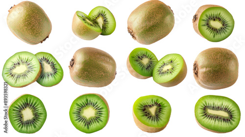 Set of kiwi isolated on white. Whole kiwi, slices and cut in half.