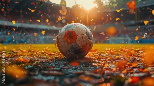 Football sport composition ball, stadium, players and euphoria of people in the stadium