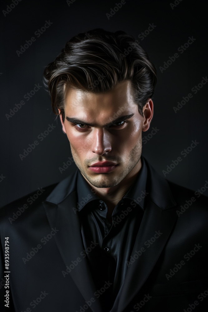 Obraz premium handsome young man , modern mafia , wearing an expensive black suit and looking at the camera with piercing gaze ,muscular body . The background is a dark . fictional character