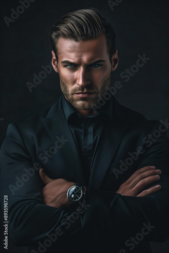 handsome young man , modern mafia , wearing an expensive black suit and looking at the camera with piercing gaze ,muscular body . The background is a dark . fictional character photo