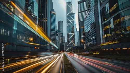 A long exposure shot of car lights streaking past towering skyscrapers in a bustling city at night.