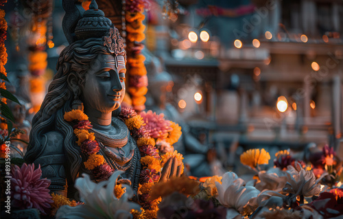Statue of lord shiva adorned with flowers and illuminated by candlelight in indian temple photo