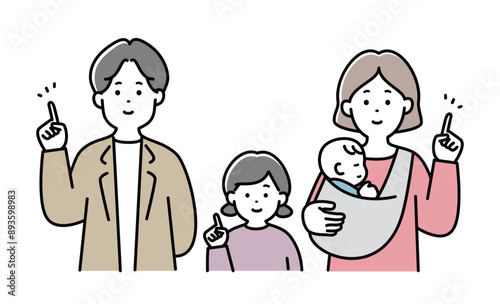 家族イラスト　表情　4人家族　子供　日本人　指差し　若い	赤ちゃん　おしゃれ　シンプル　かわいい