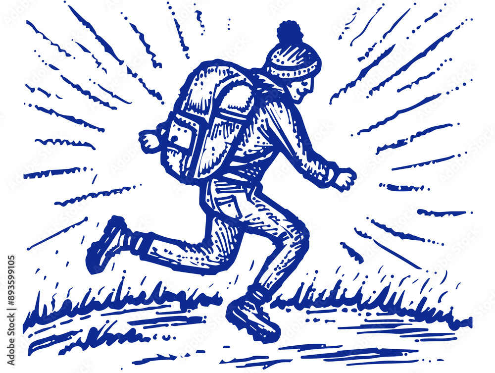 Hiker running on the road. Vector illustration in sketch style Hiker running on the road. Vector illustration in sketch style