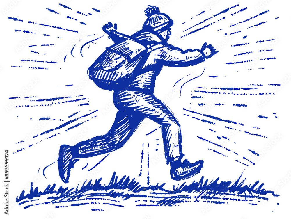 Fototapeta premium Man running with a guitar, vintage line drawing or engraving illustration.