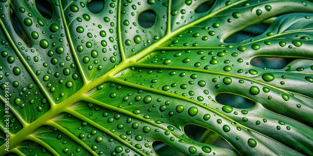 Vibrant green Monstera leaves with intricate natural holes and veins glisten with beads of water droplets in a stunning close-up macro photograph. Vibrant green Monstera leaves with intricate natural holes and veins glisten with beads of water droplets in a stunning close-up macro photograph.