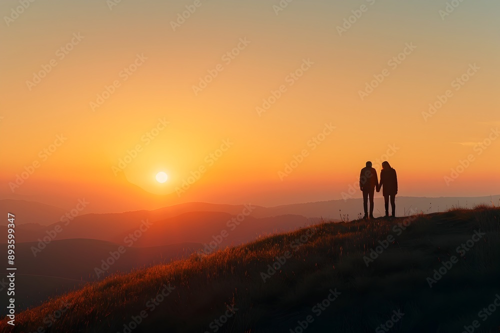 Silhouetted Couple Admiring Breathtaking Sunrise Over Hilly Landscape Silhouetted Couple Admiring Breathtaking Sunrise Over Hilly Landscape