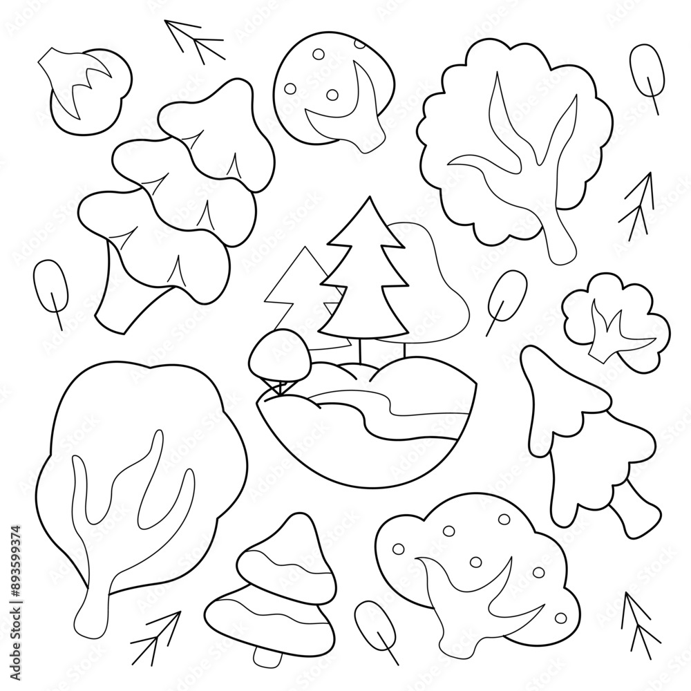Doodle set with trees and fir trees. Black and white clip art illustration. Doodle set with trees and fir trees. Black and white clip art illustration.