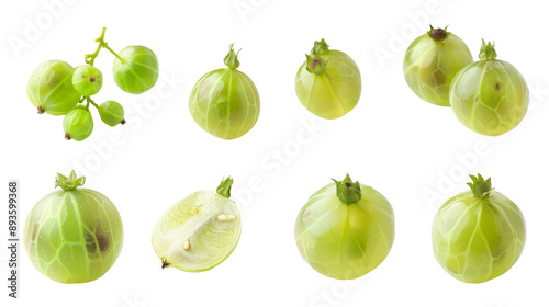 Set of gooseberry isolated on white. Whole gooseberry fruit and cut in half. Bunch of gooseberries.