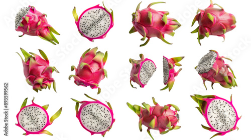 Set of dragon fruit isolated on white, no background. Whole pitaya and cut in half.