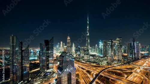 Wallpaper Mural Night View of Dubai Skyline with Road Intersection  Dubai, UAE
 Torontodigital.ca