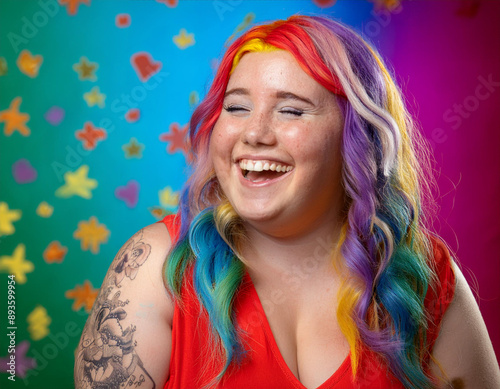 Psychedelic Studio Portrait of a Giggling Tattooed Woman with Copy Space