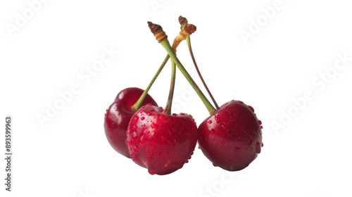 Three cherries isolated on white, no background.